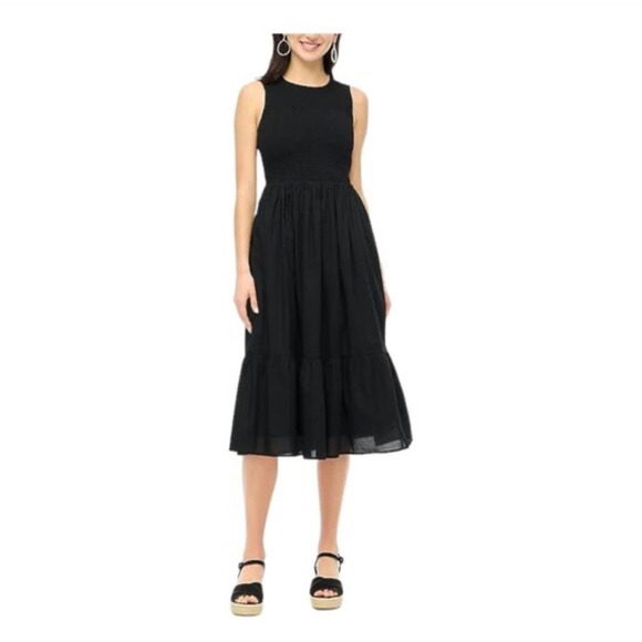 J Crew Flowy Smocked Sleeveless With Pockets Black Midi Dress US Women's L NEW - Picture 1 of 9